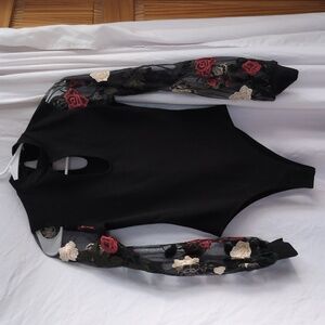 Fashion Nova Black Bodysuit with Red Floral Sleeves